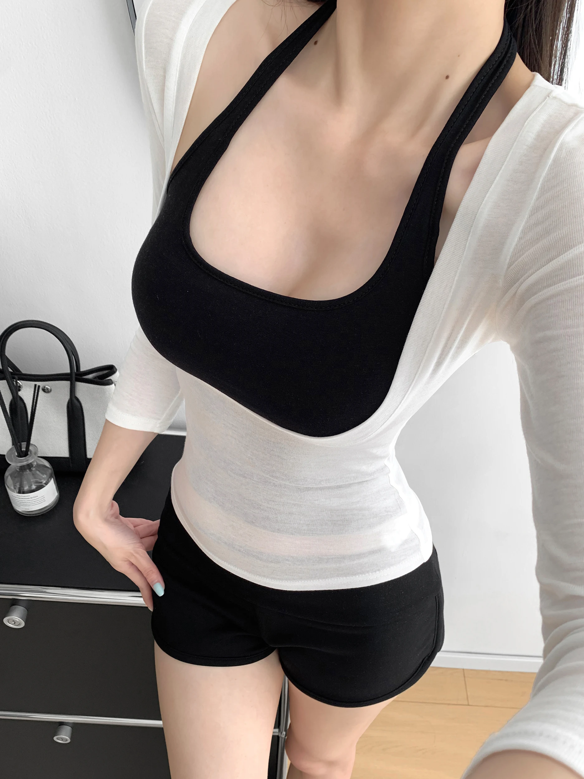 Ladies' Slim Fit T-Shirt And Vest Set with Neckline Cutouts mid Sleeve V Neck Two Piece Ensemble for Fashionable Layering