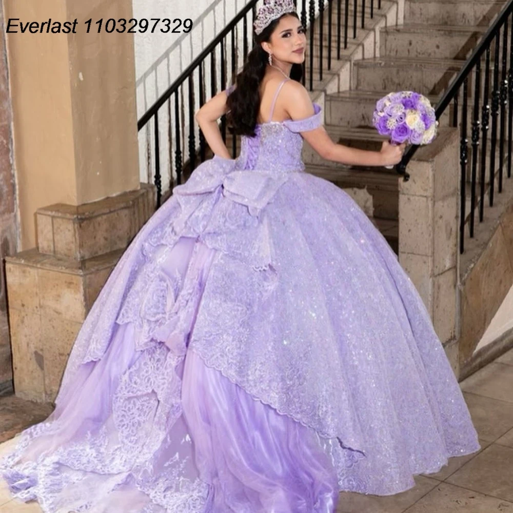 

EVLAST Sparkly Lilac Quinceanera Dress Ball Gown Shiny Lace Applique Beading With Bow Corset Sweet 16 Vestido De 15 Anos TQD989