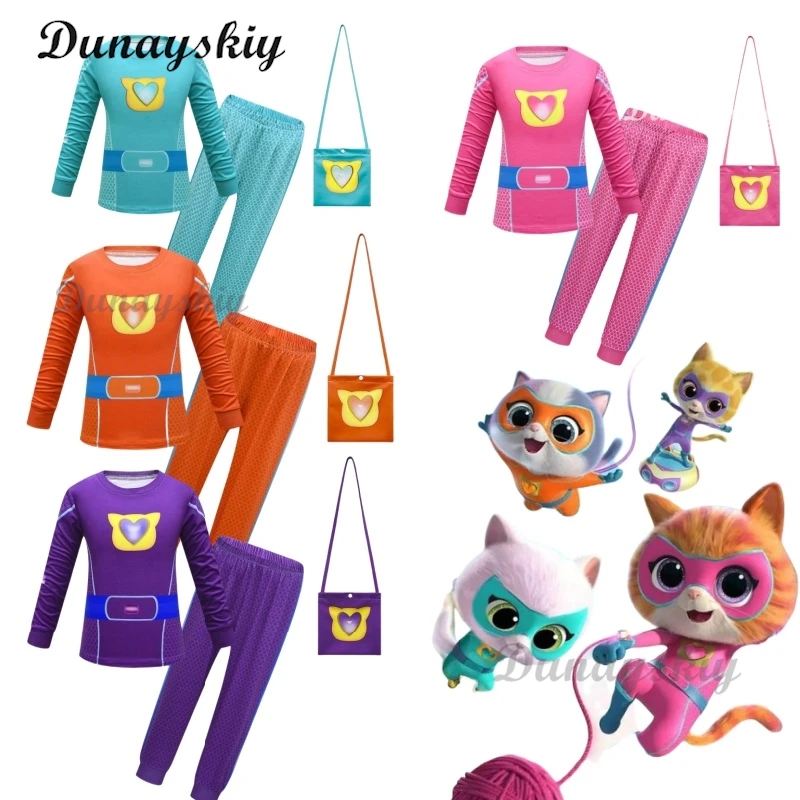 Anime Superkitties Kids Cosplay Clothes Boys Girls Cartoon Long Sleeve Tshirt Pants Set Children Halloween Customized Outfit Bag