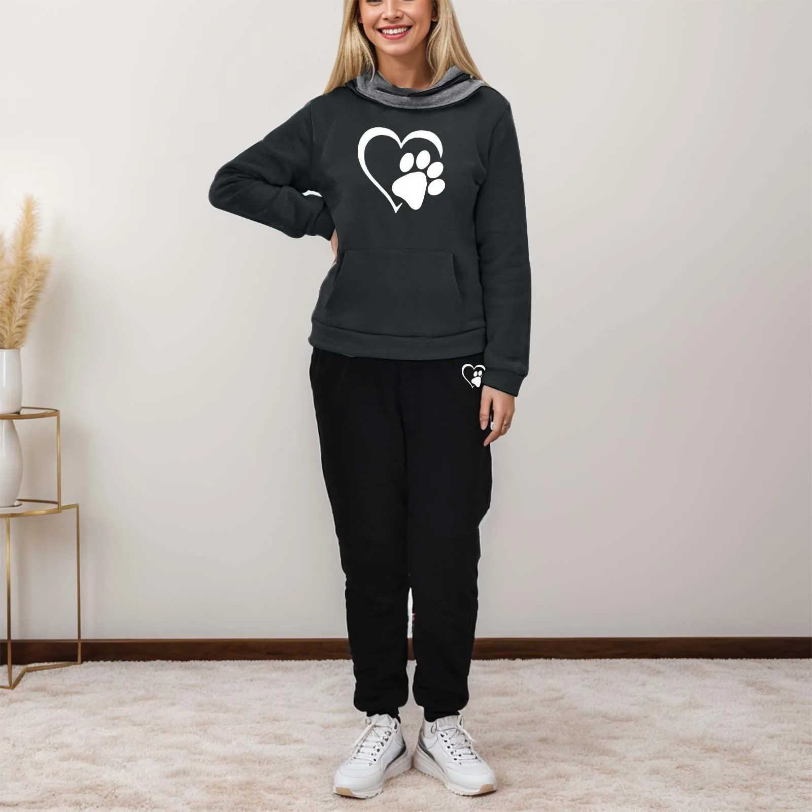 Sweat à capuche et pantalon College Love Cat pour dames, sweat à capuche décontracté, sport, mode automne et hiver