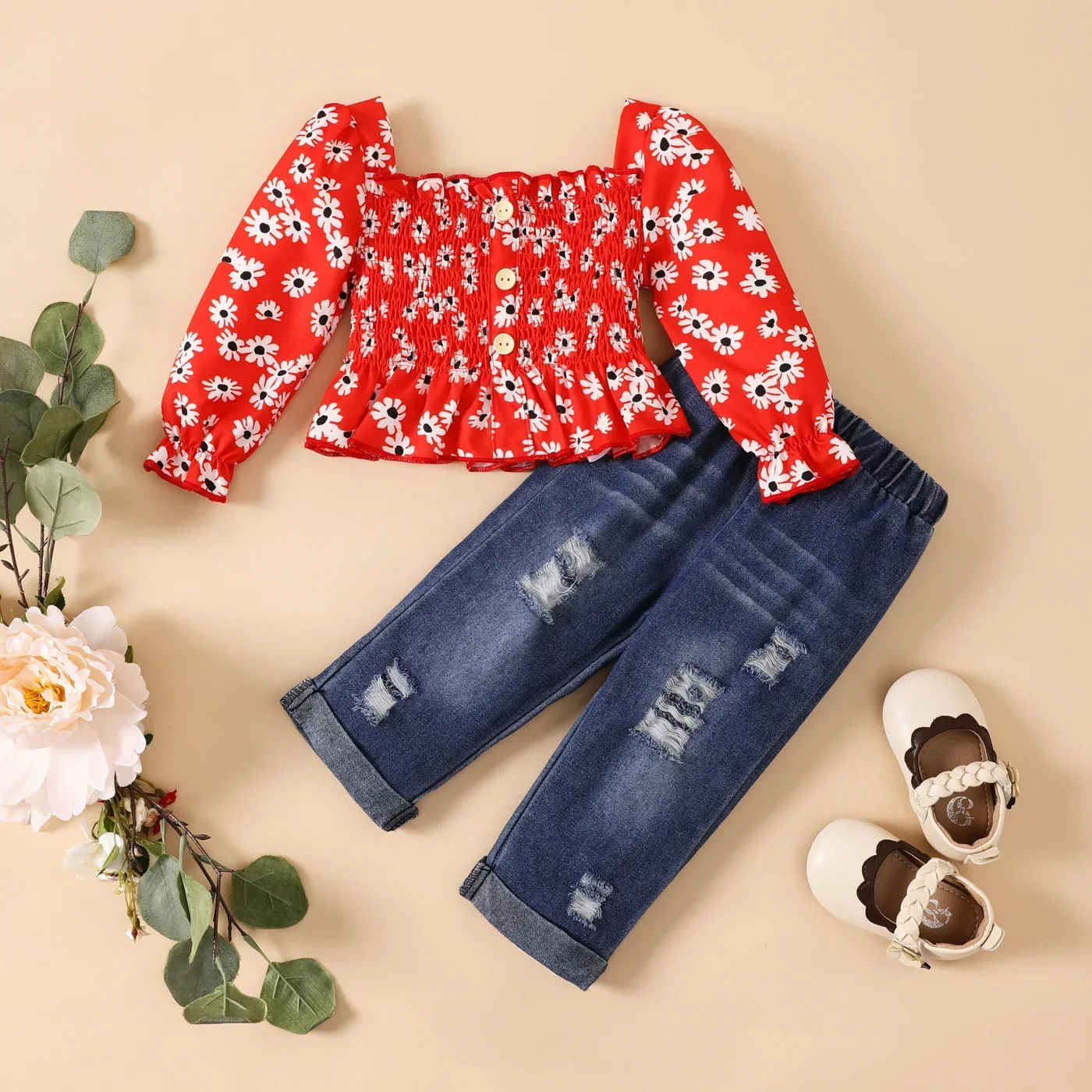 PatPat 2pcs Baby Girl Allover Floral Print Buttons Smocked Ruffle Long-sleeve Top and 100% Cotton Ripped Denim Jeans Set