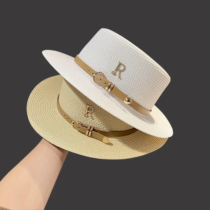 Trendy Metal R Letter Leather Buckle Flat Top Straw Hats for Women\'s Summer Sunshade Bucket Hat Female Fashion Beach Hat