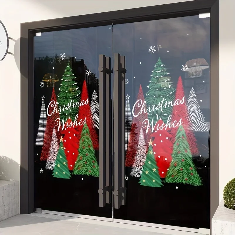 

Colour-printed Christmas Tree Glass Door Sticker Big Pine Needle Xmas Tree Static Cling Film Window Display Electrostatic Decal