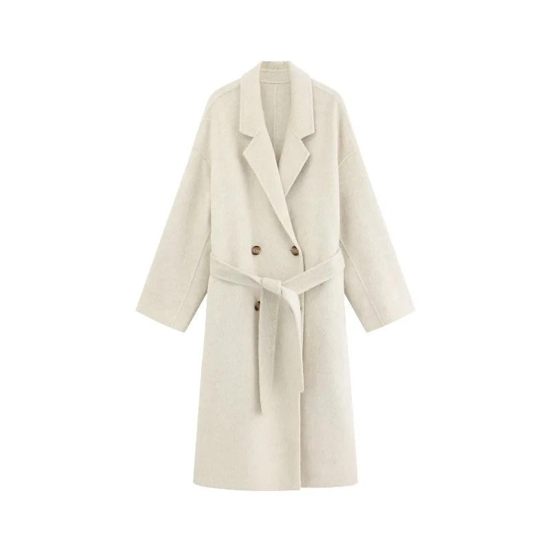 Elegant Long Wool Overcoat Women Warm Camel-Feel Double-Faced Coat Soft Lapel Winter Outerwear with Sleek Timeless Silhouette