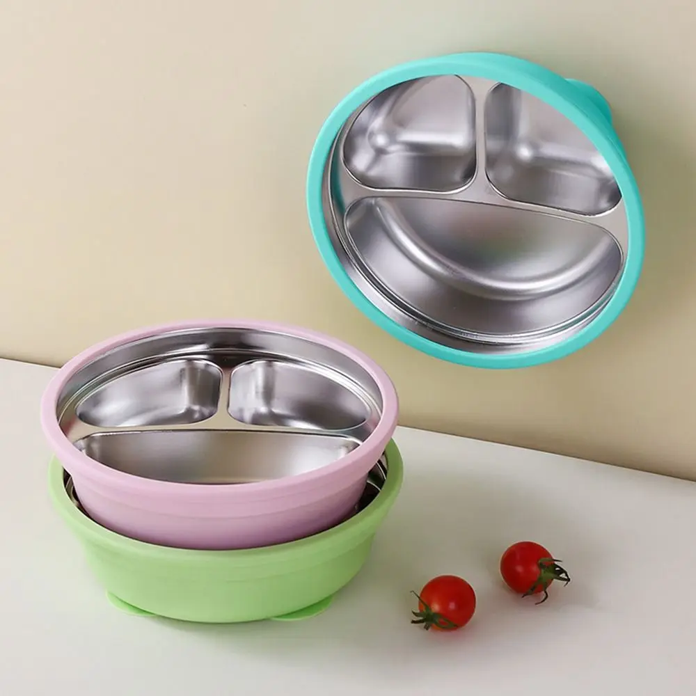 

Silicone Suction Cup Baby Sucker Dining Plate Thermal Insulation 304 Stainless Steel 3 Grids Children Dishes Non-Slip Anti-fall