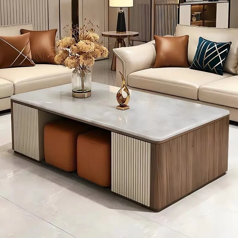 Mid-century modern style rectangular coffee table with luxurious marble countertops, vertical wooden cabinets, with storage