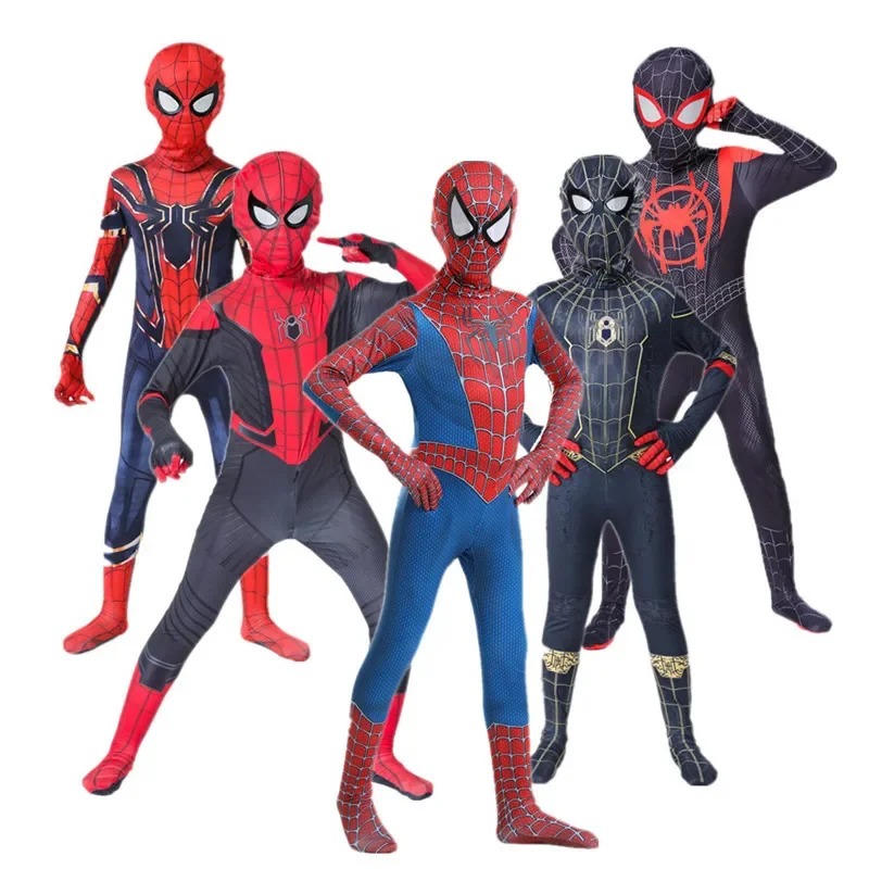 Kids Superhero Super Stretch Jumpsuit Halloween Cosplay Spider Pattern Performance Jumpsuit Movie Character Mask Set