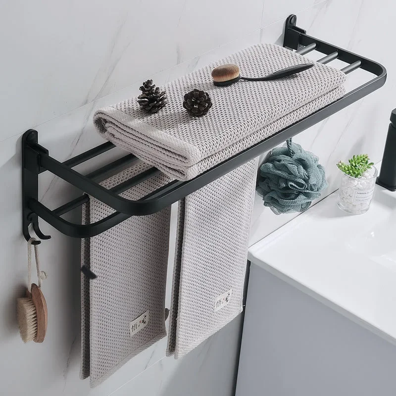 Punch-free Aluminum Black Towel Rack Wall Mounted Folding Towel Holder Storage Shelf with Hook Bathroom Shower Room Accessories