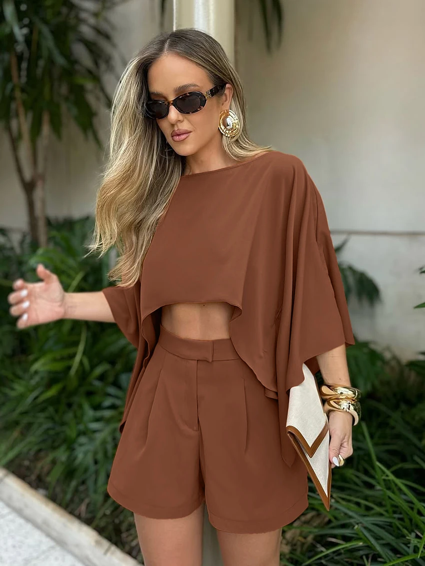 Marthaqiqi Fashion Women Sleepwear Set Half Sleeve Pajamas O-Neck Nightwear Crop Top Nightgowns Shorts Loose Ladies Nightie Suit