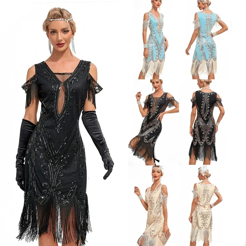 2024 New Vintage Great Gatsby Party Dress For Women Elegant Off Shoulder Sequin Beaded 1920s Flapper Dress Cocktail Vestidos