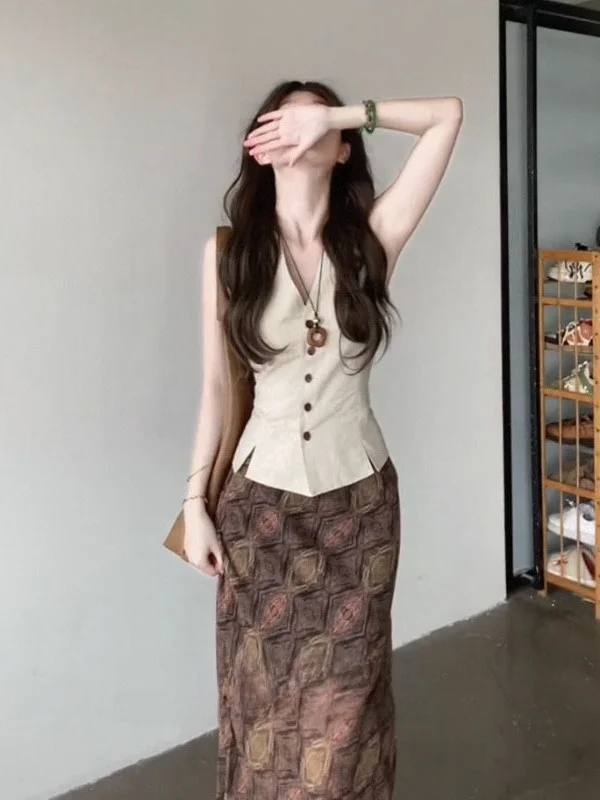 

Женский летний комплект из двух предметов: топ-жилет Ele Slim Fit и юбка с ретро-принтом, V-образный вырез, на пуговицах, во французском стиле