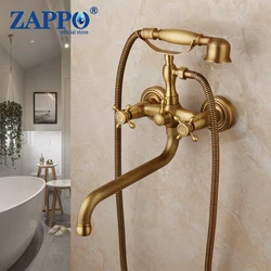 ZAPPO Antique Brass Bathtub Faucet Wall Mount Waterfall Tub Spout Hot Cold Water With ABS Handshower Mixer Tap Bath Shower Tap
