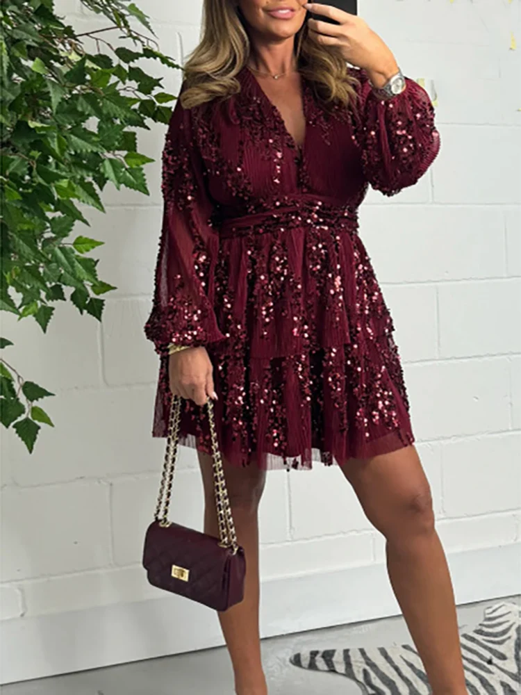 

Autumn Women's Long Sleeved Casual Style Polyester Material 2024 New Fashion V-Neck Sequined Mid Waist Pullover Dress