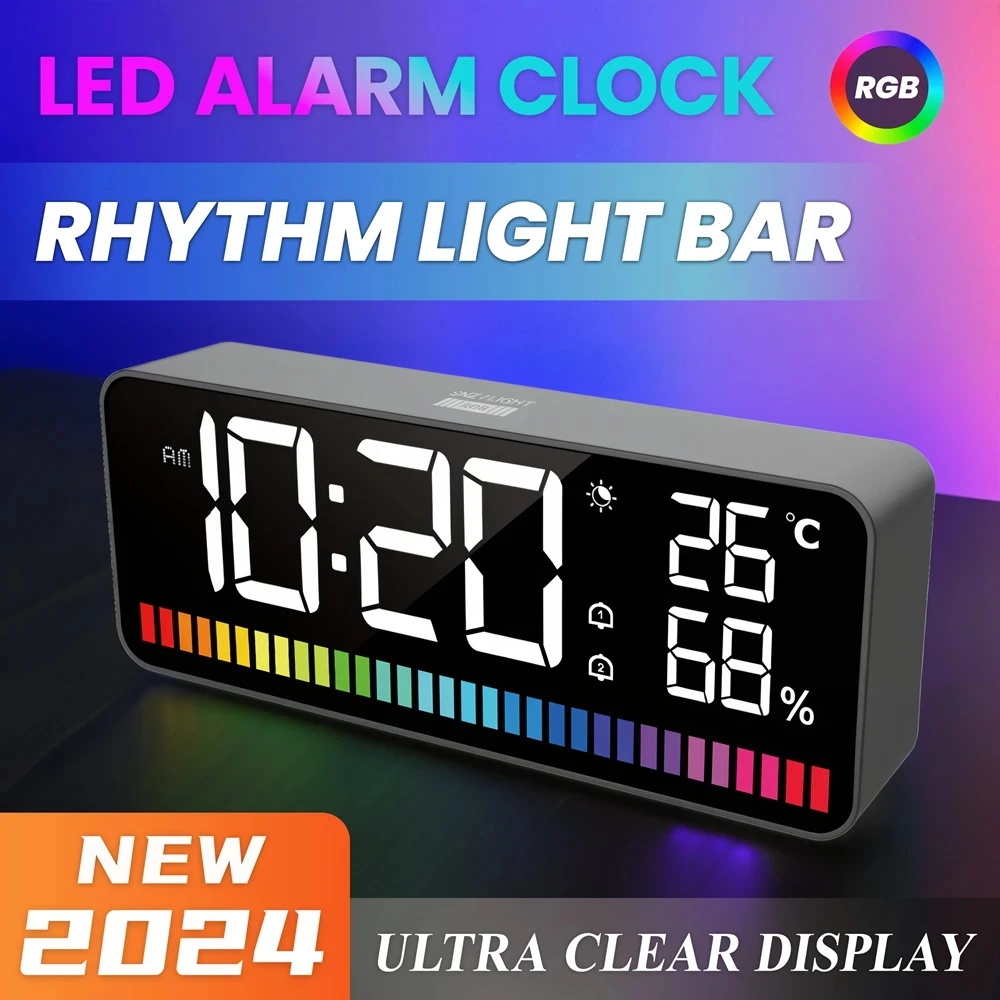 LED Digital Clock Voice Control Rhythm Light Bar Dual Alarm Clock 15 RGB Color Night Light Mode Electronic Table Clock Watch