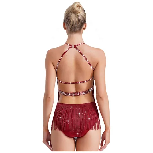 Imagen 2 del producto Vestido de baile de Tango latino sin mangas con cuello Halter para mujer con diamantes de imitación sin espalda borlas Patchwork leotardo vestido de patinaje gimnástico