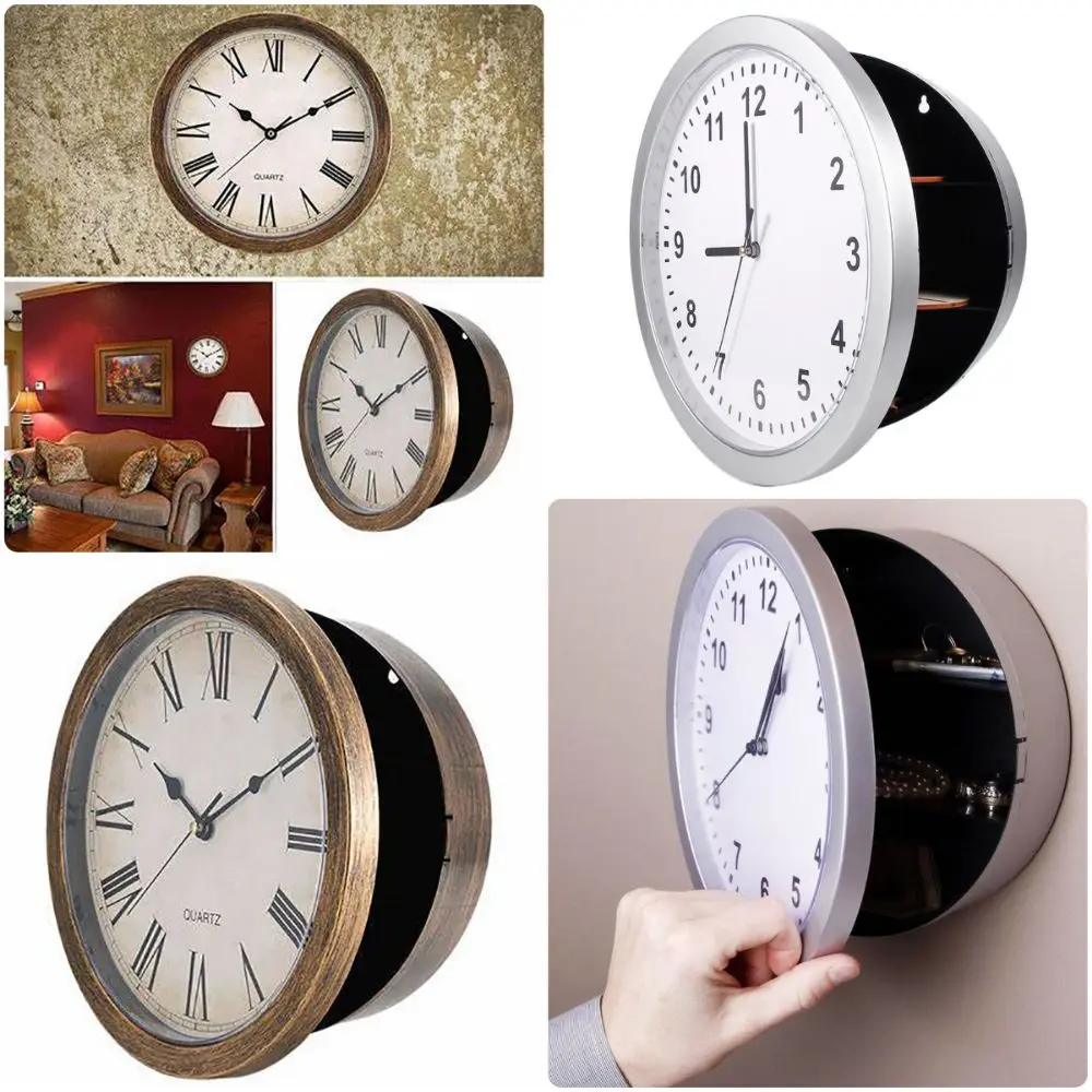 Wall Mountable Wall Clock Safe Box Lockable Container Silver Brown Clock Hidden Storage Container Compact Size