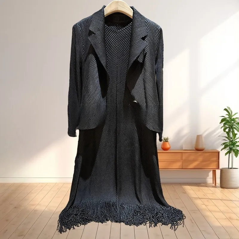 

Miyake плиссированный костюм с воротником, куртка, женский жилет, платье с кисточками, комплект из 2 предметов, темперамент, элегантный, для торжественных случаев, темперамент, ношение