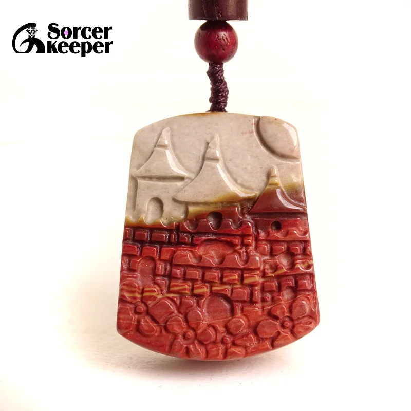 Natural Rhodonite Jasper Gemstone Carving Healing Castle Pendant Necklace Reiki Craft Anime Jewelry For Women Gift BK286