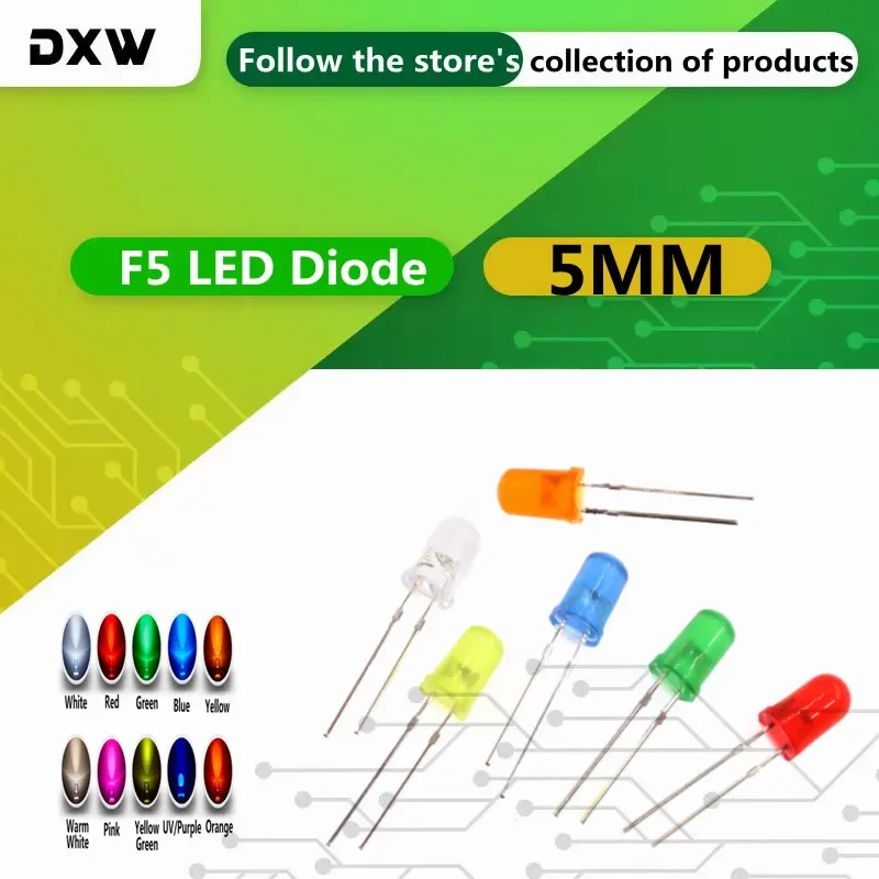 50PCS  LED 5mm White Green Red Blue Yellow F5 DIY LED Set Electronic Diy Kit Diode