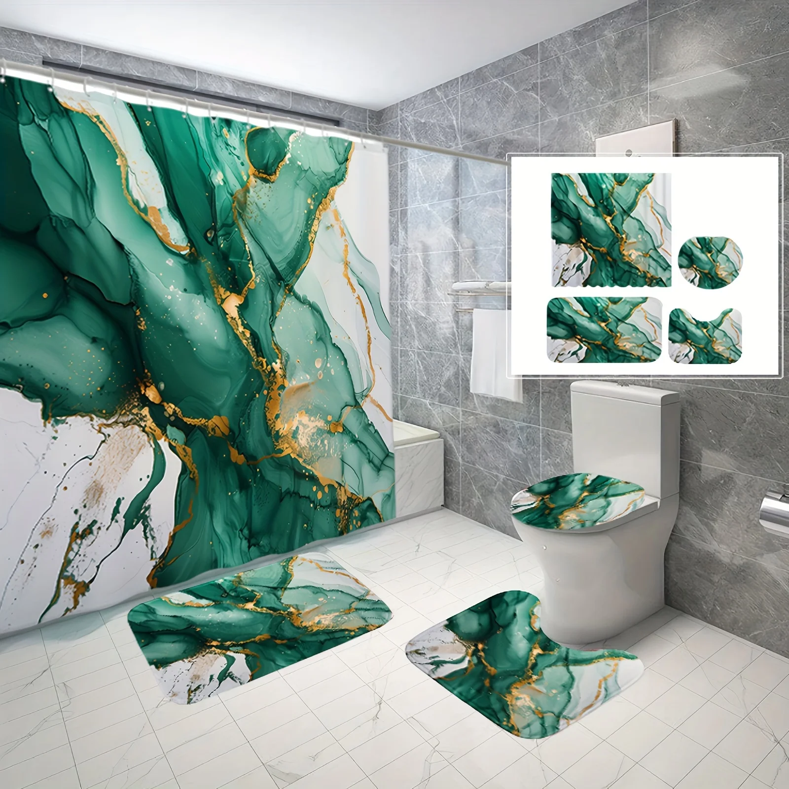 

4-piece set of premium luxury gold textured gilded green pattern, shower curtain, non-slip mat, toilet seat and U-shaped mat