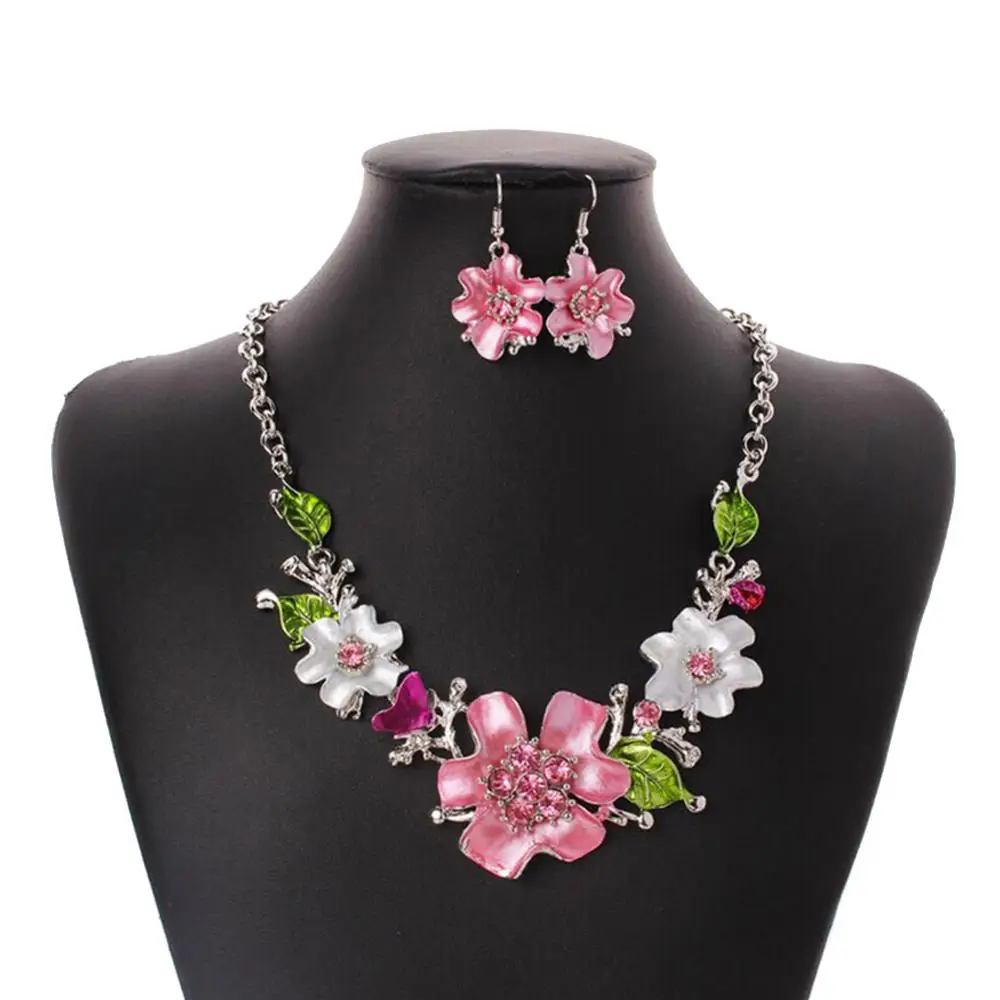 Multicolor Women Jewelry Sets Flower Rhinestone Inlaid Pendant Necklace Earrings Jewelry Set Bridal Wedding