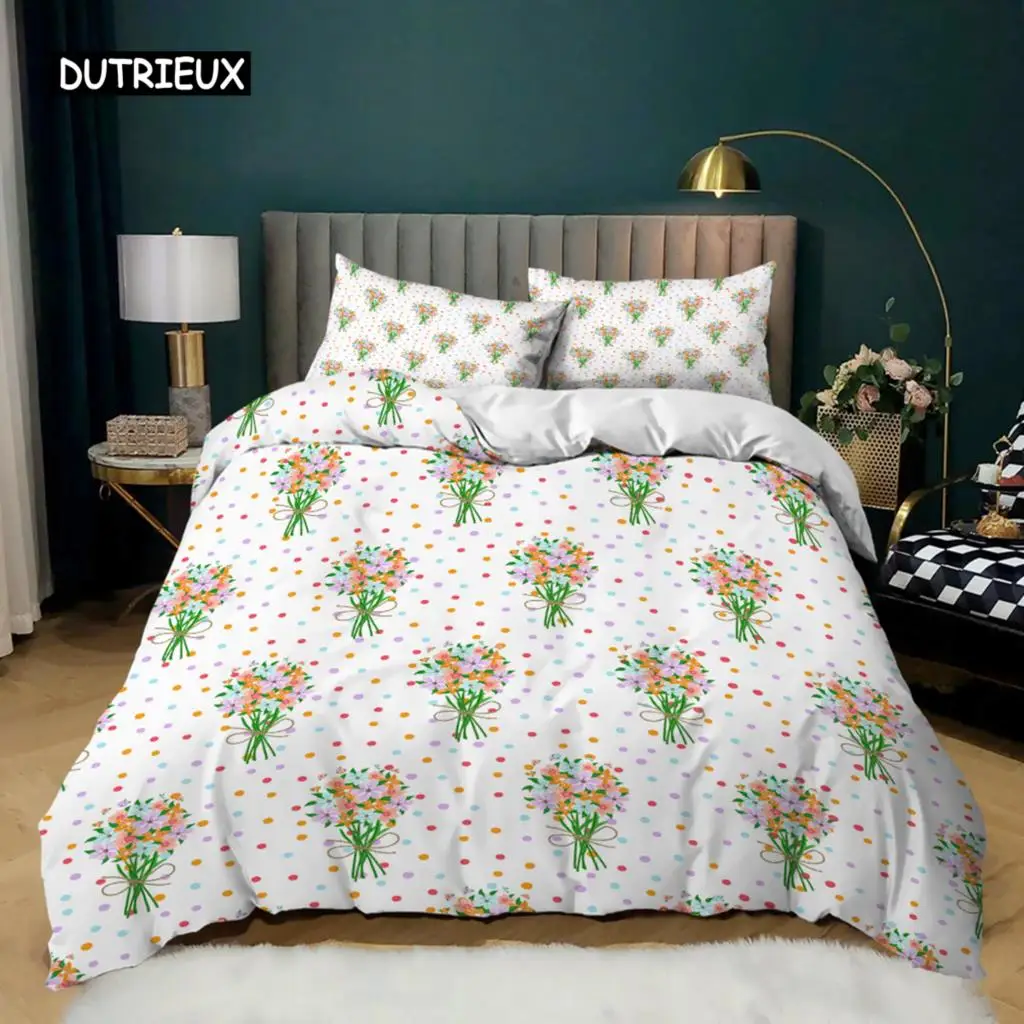 Small Fresh Duvet Cover Set Microfiber Fresh Garden Style Colorful Flowers Bedding Set for Kids Girl Women Twin Double King Size