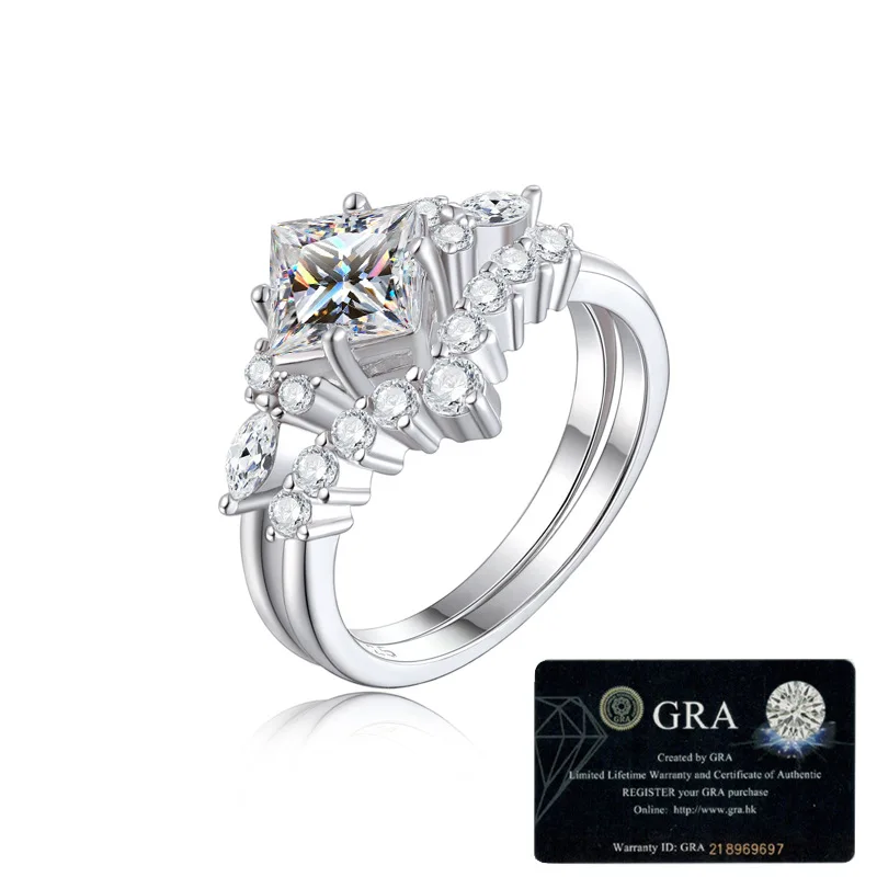 Hot selling S100% S225 silver 1.2carat 6 * 6 moissanite ring set with high-end and niche design, versatile wedding jewelry