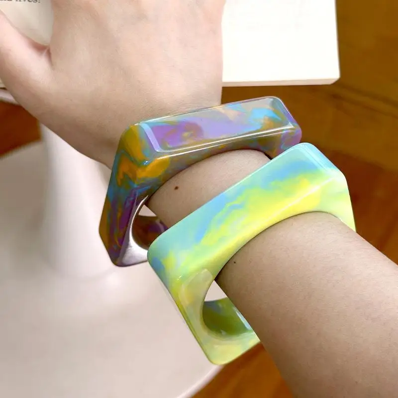 Blended Gradient Geometric Resin Bangle Square Shape Fashion Bracelet for Party Wedding Guest Wear Gift for Her