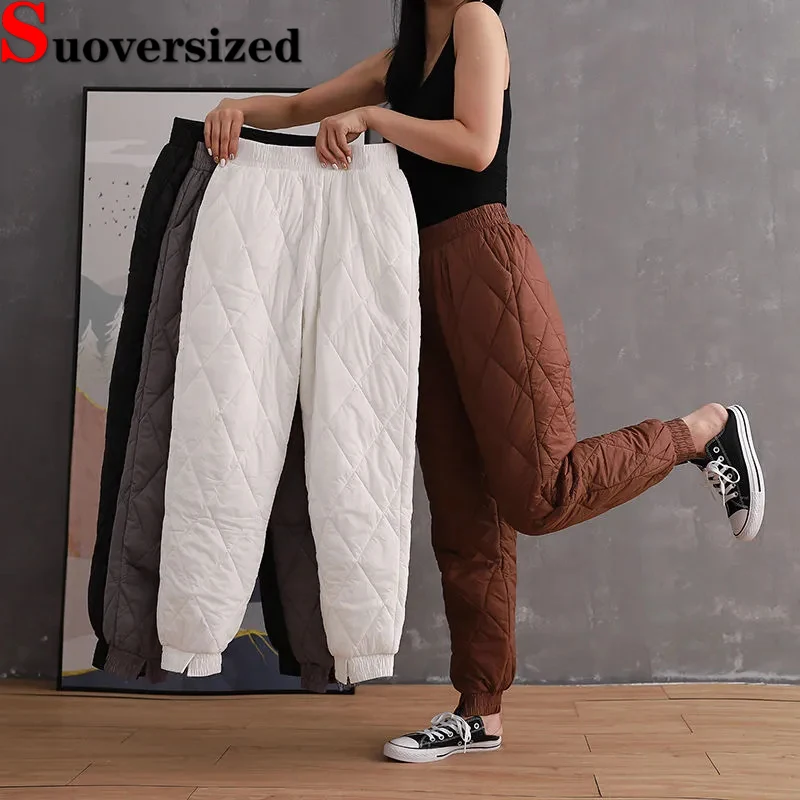 

High Waist Down Cotton Pants Oversized 80kg Baggy Pantalones Winter Warm Women's Casual Trousers Windproof Thicken Harem Spodnie