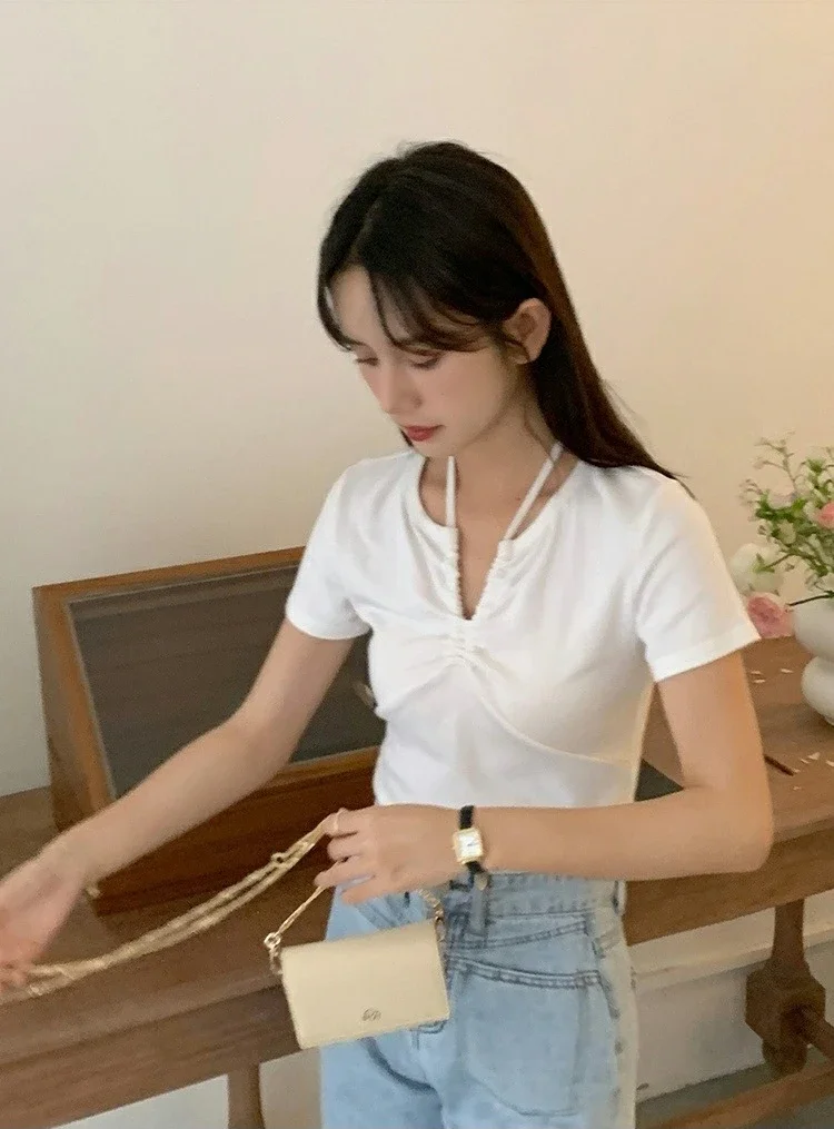 Femmes licou cou haut court v-avant cordon dame t-shirt à manches courtes élégant ajusté haut d'été décontracté solide Design vêtements de mode