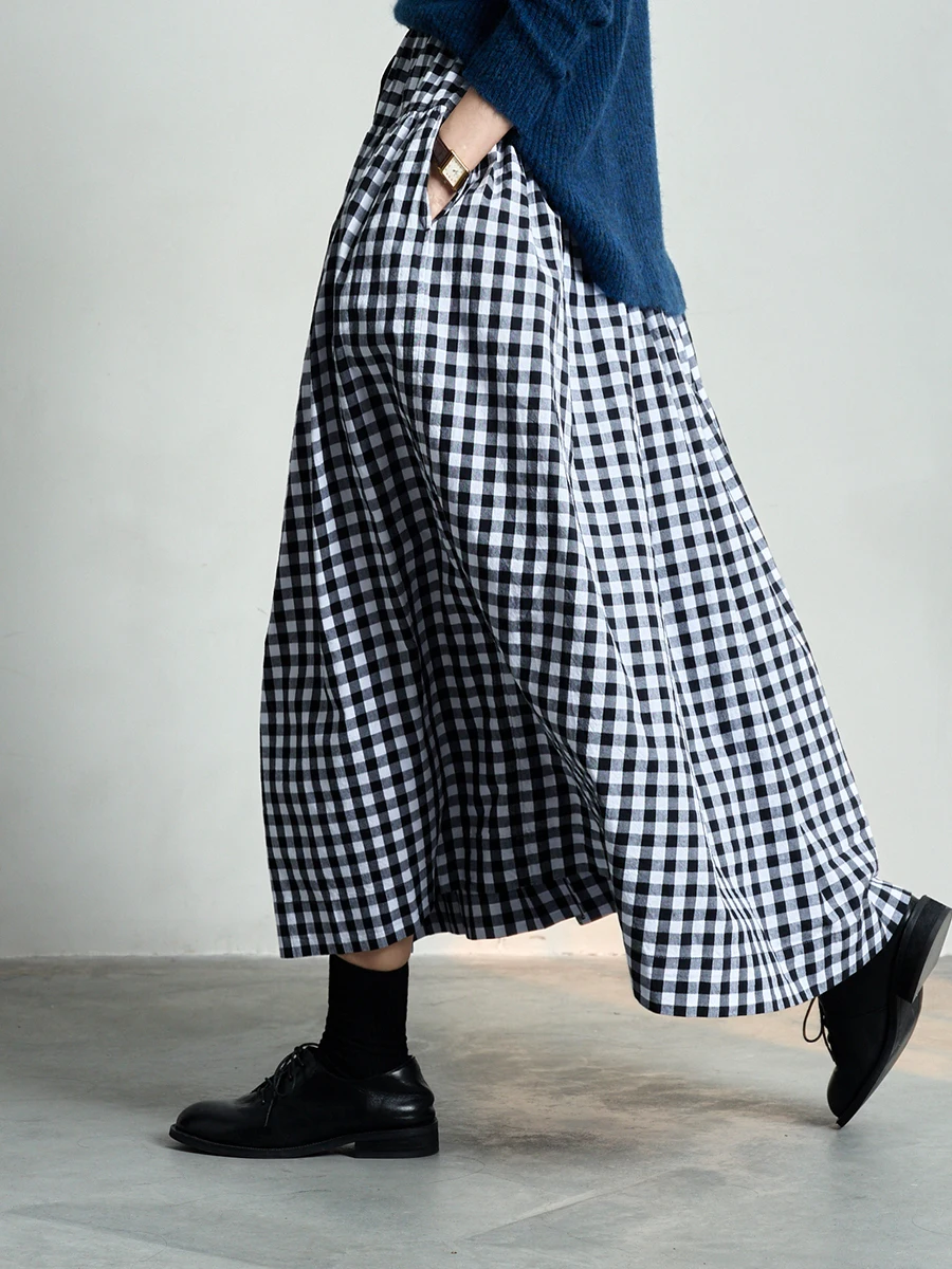 

Ретро-юбка миди в клетку из хлопка, свободного кроя, А-силуэт, с завышенной талией, для женщин, повседневная, зима 2025