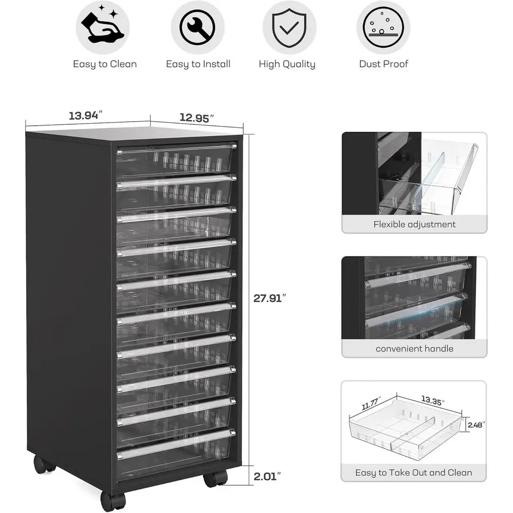 Шкаф для хранения на колесиках с 10 прозрачными ящиками для макияжа, поделок и офисов — черная деревянная универсальная тележка