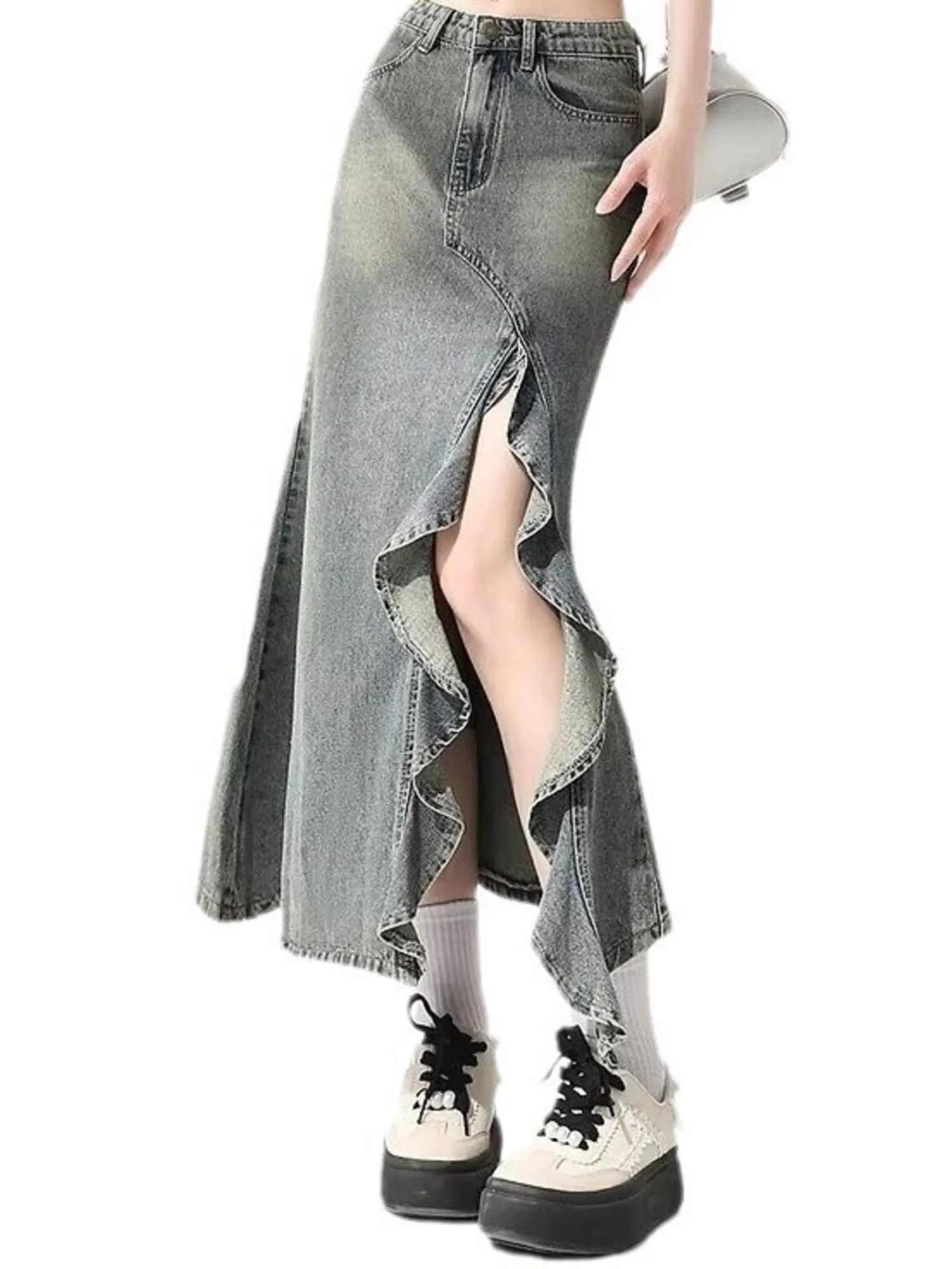 Women's Vintage Washed Denim Mermaid Maxi Skirt High Waist Front Slit Ruffle Hem Midi Jean Skirt XS-3XL