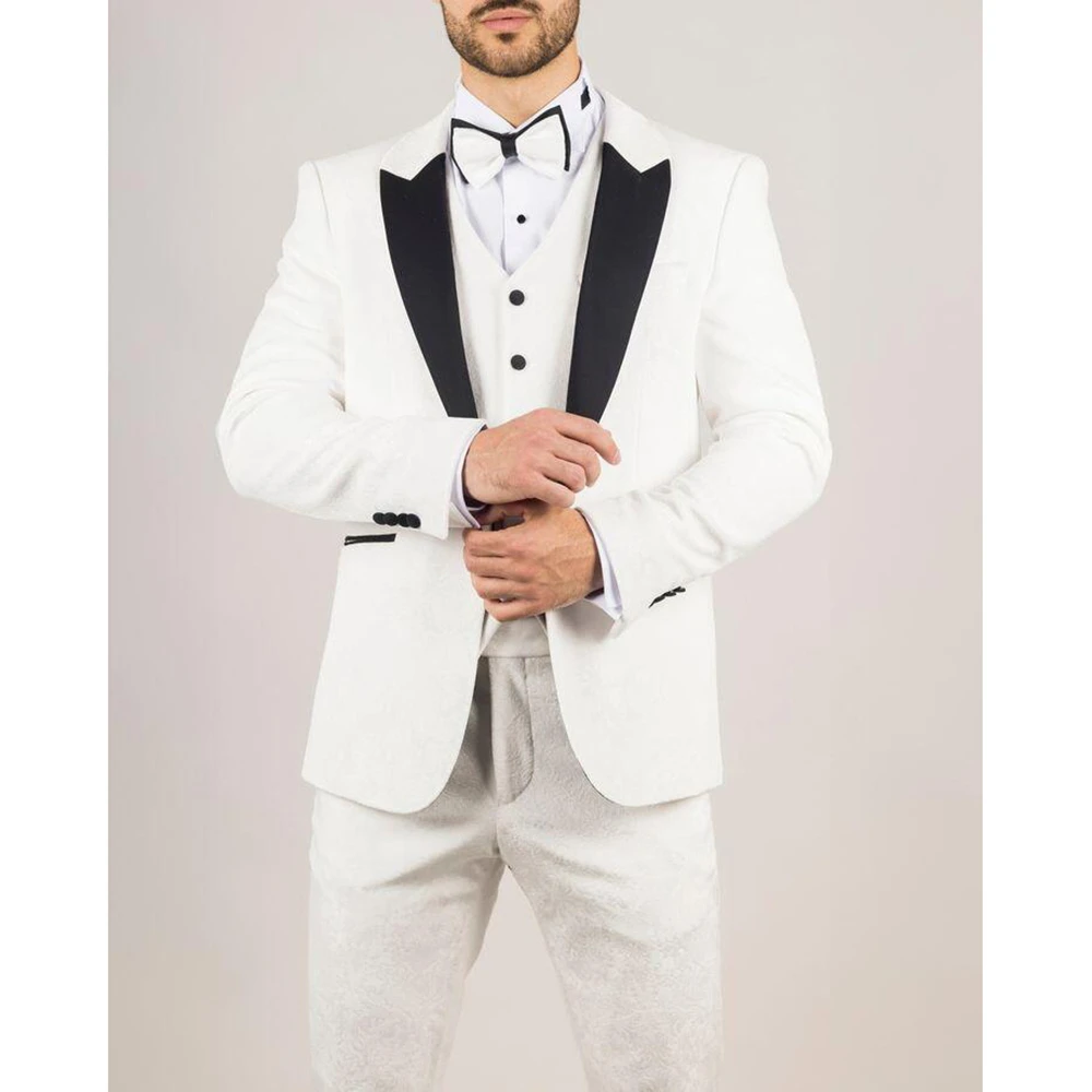 Handsome White Men Suit Fashion Peak Lapel Single Breasted 3 Pieces(Jacket+Pants+Vest) Male Formal Wedding Party Set