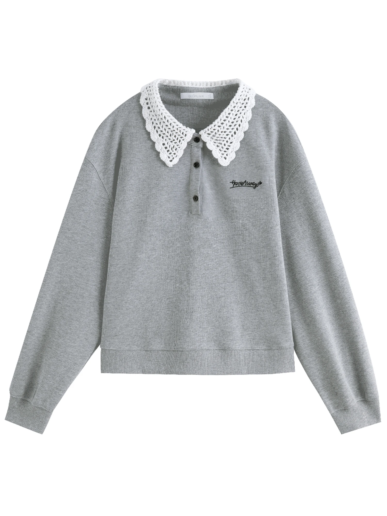 DUSHU Women Spring Sweatshirt Skirt Sets Crochet Doll Collar Female Grey Casual Sweatshirts Suit Mini Skirt 25DS81244+25DS81245