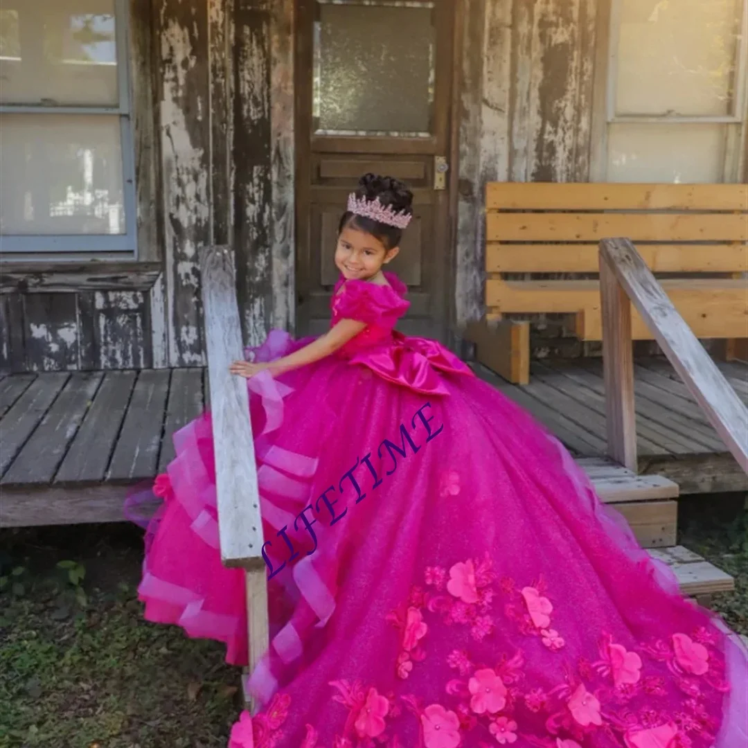 Customized Hot Pink Ball Gown for Flower Girl with Puff Sleeves Big Bow Floral Appliqués Glitter Tulle Long Train