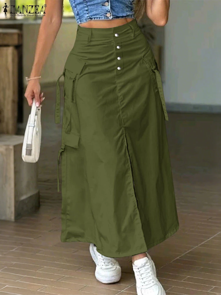 ZANZEA femmes vêtements de travail mode de rue taille haute jupes boutons poches avant fendu a-ligne jupes décontracté été longs bas