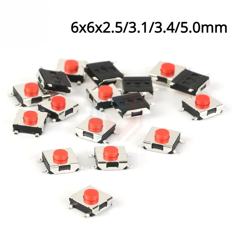 20PCS/LOT 6*6*2.5mm 3.1mm 3.4mm 5mm SMD Switch 4 Pin Touch Micro Switch Push Button Switches Red SMD Tact Switch 6x6x3.1mm