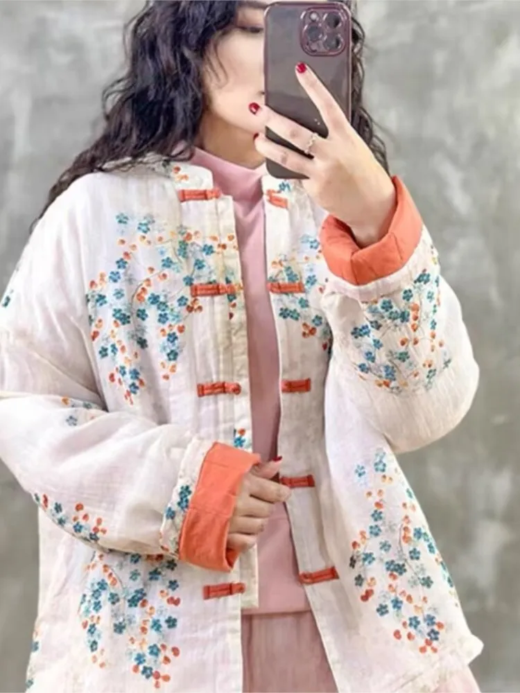 Chaquetas de mujer a la moda con estampado Floral de flores, abrigos informales sueltos para mujer, abrigo de algodón acolchado de gran tamaño para Otoño e Invierno para mujer