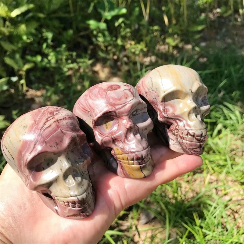 Natural Picture Stone Head Skull Mineral Gems Carved Reiki Healing Gift Crafts Feng Shui Home Decoration Stone Statues 1pcs