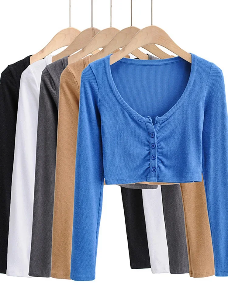 Top e camicette da donna con fondo a maniche lunghe con scollo a V sottile Cardigan con ombelico aperto in tinta unita High Street