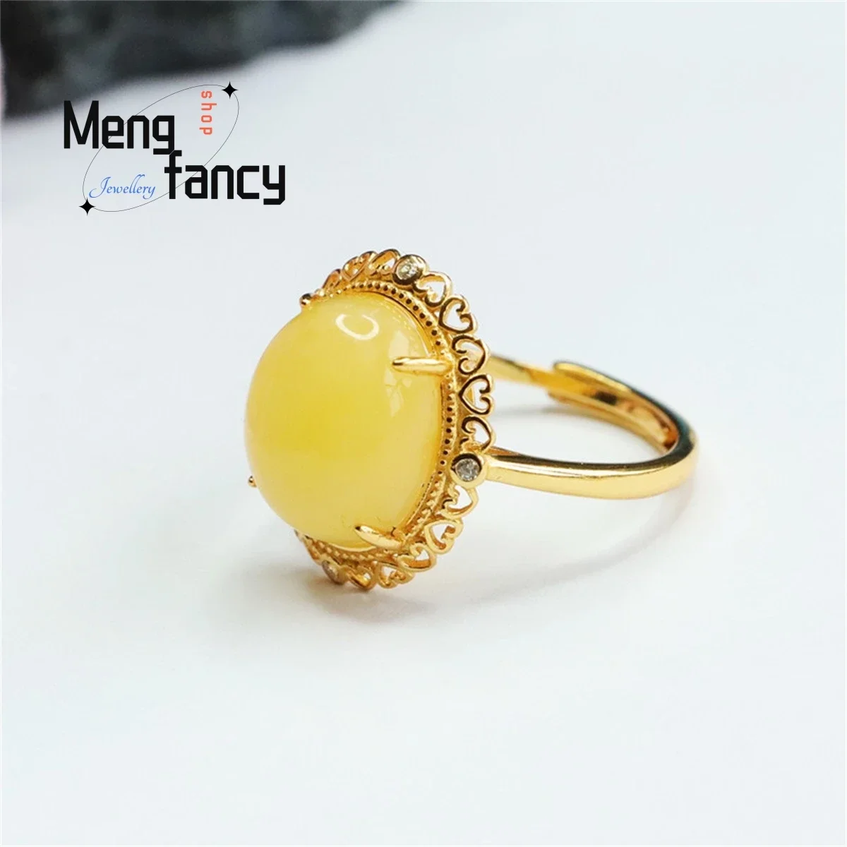 Natural S925 Silver Inlaid Honey Wax Amber Chicken Oil Yellow Love Edge Ring Simple Generous Personality Retro Fashion Jewelry