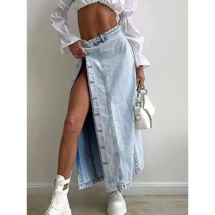 

Летняя винтажная джинсовая юбка с высокой талией и разрезом, длинная юбка трапециевидной формы с пуговицами, однотонная повседневная женская юбка