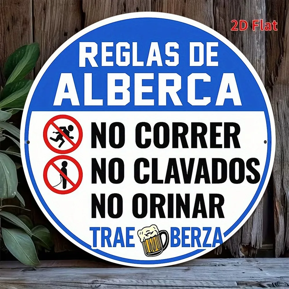 1pc 2D Flat Round Aluminum Vintage Plaque Funny Spanish Pool Rule Ornament No Running No Diving Decor Sign