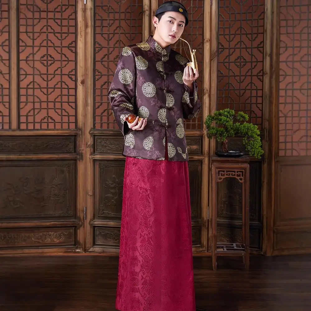 Men's Tang Costume Male Republic of China Long Robe Gowns Coat Qing Dynasty Hanfu Film and Television Performance Roles Costumes