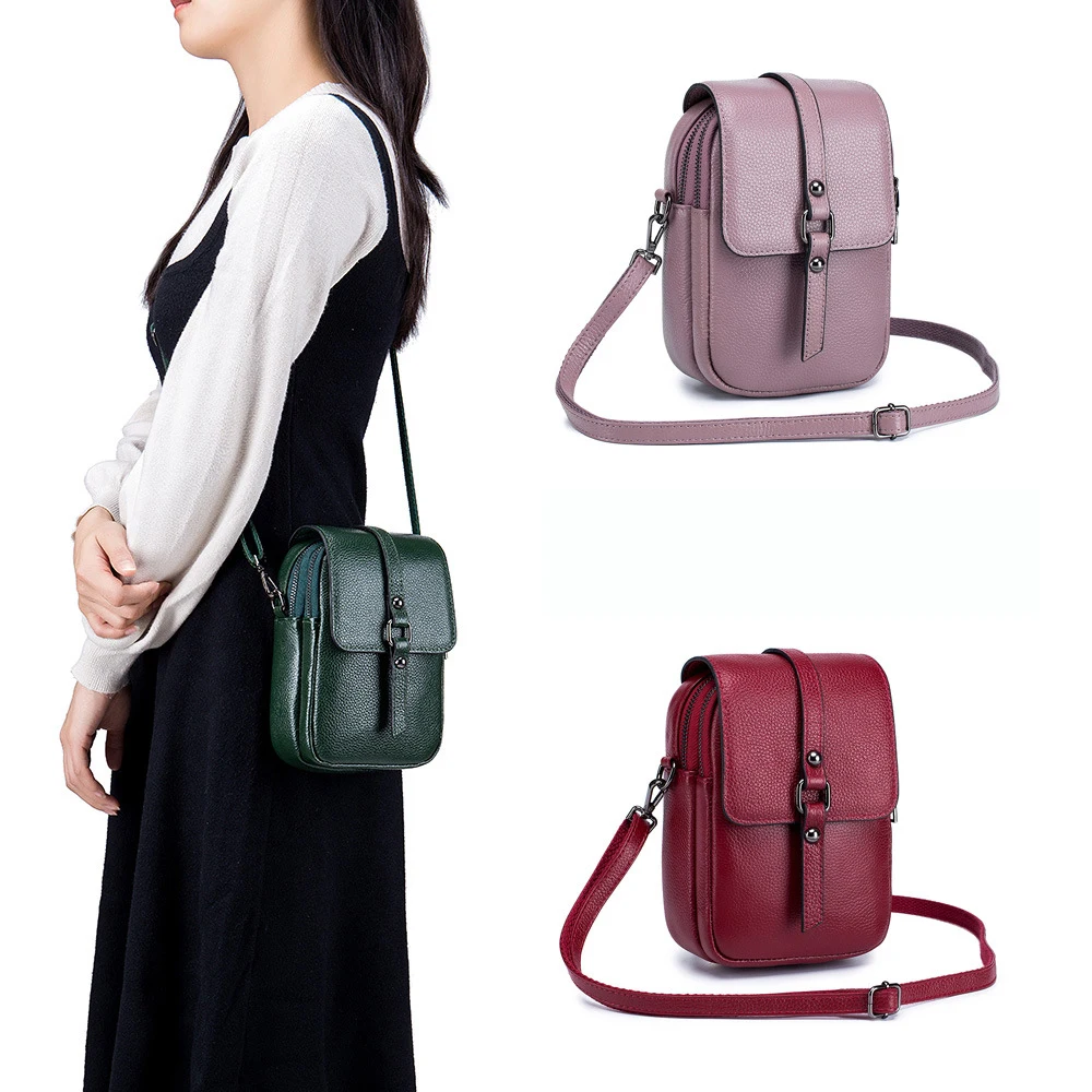 Cowhide simple versatile Genuine Leather Handbags Shoulder Bag Woman Crossbody Bag multi-function mini vertical mobile phone bag