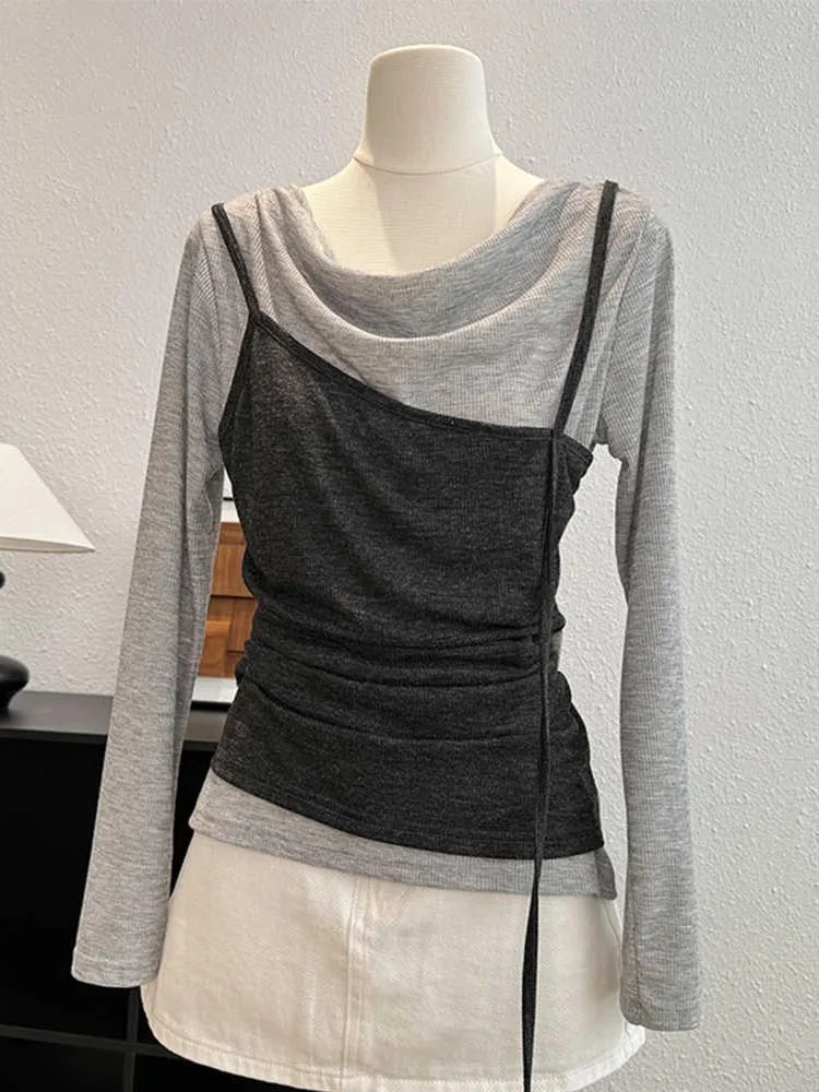 Design Sensation Fake Two-Piece Long Sleeve T-Shirt Women's Autumn Gathered Waist Slimming Stack Collar Splice Top