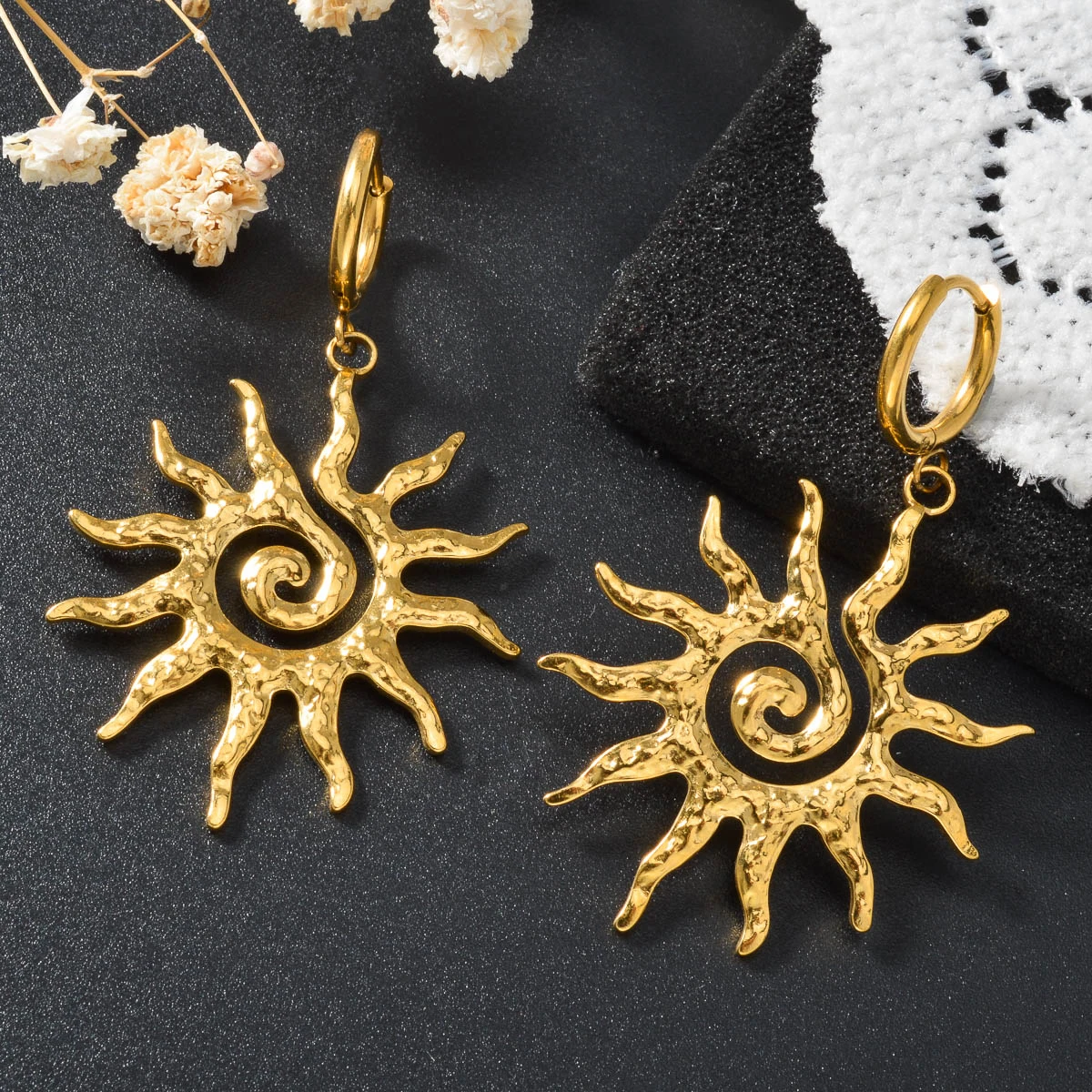 Stainless Stell Sun Dangle Earrings 18K Gold Plated Hypoallergenic Hoop Drop Earring Ear Jewelry For Women Boho Daily Party Gift