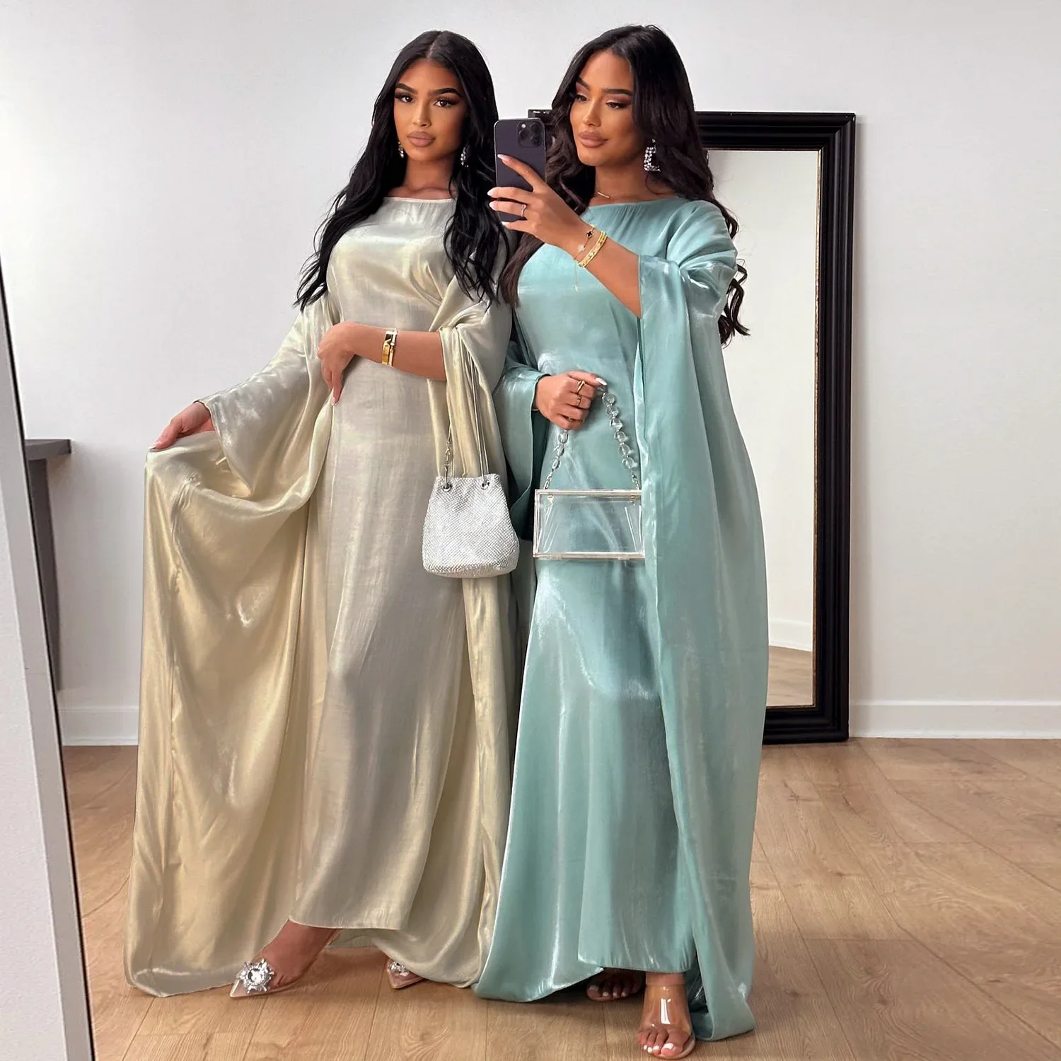 Women Shiny Satin Abaya Dress Batwing Sleeve Loose Kaftan Modest Islamic Muslim Long Maxi Gown Party Evening Clothing Ramadan