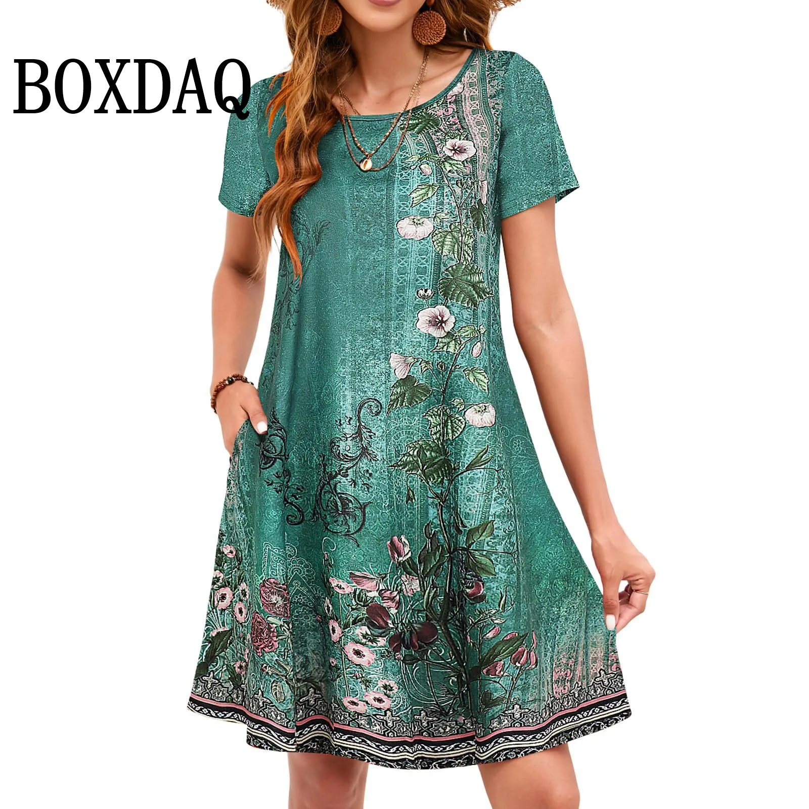 Ethnic Style Printed Women Dress Plus Size 9XL Summer O-Neck Short Sleeve Casual Loose Mini Dress 2025 Vintage 3D Flower Dresses